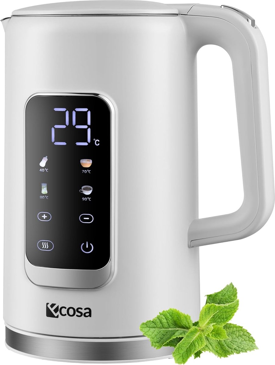 Homery Waterkoker met Temperatuurinstelling – 1,7L – 40°C tot 100°C – LED Display – 2200W – Warmhoudfunctie – RVS – BPA-vrij – Wanda White