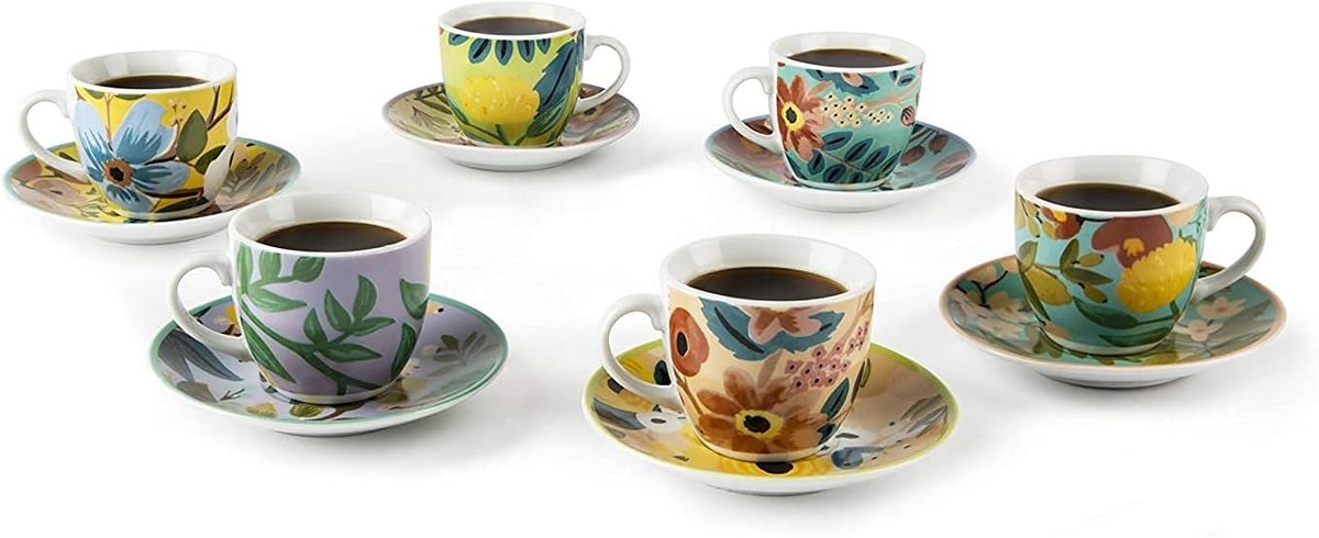 Set van 6 espressokopjes met schoteltjes - Bloemen design