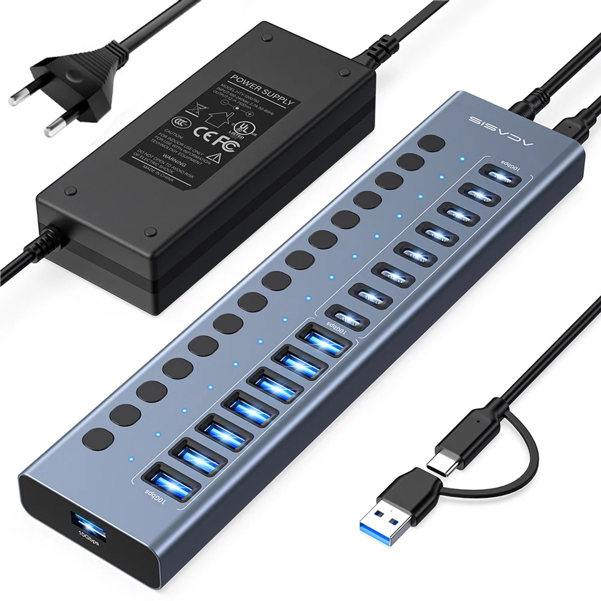 Acasis - 16-poorts - 10Gbps - USB 3.2-hub Met Voeding - 8 USB A En 8 USB C Poorten
