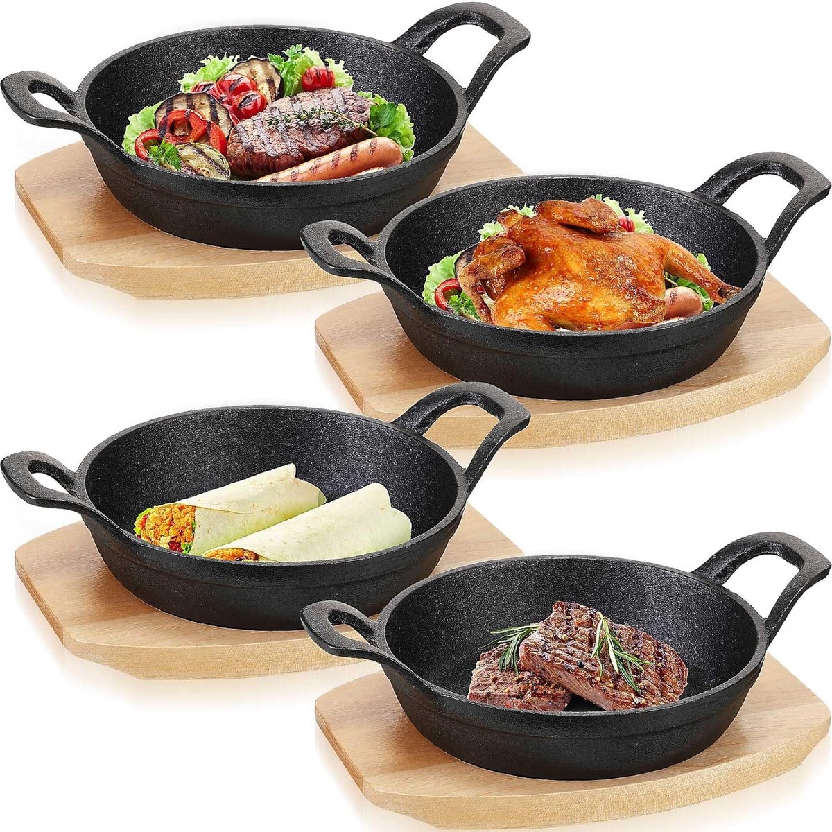 Mini Gietijzeren Koekenpannen Sets voor Thuis Koken – 4 Stuks met Houten Basis