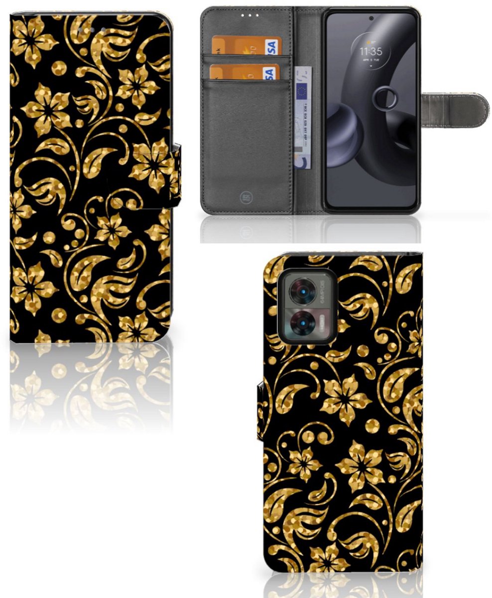 Book Case voor Motorola Edge 30 Neo Hoesje Gouden Bloemen