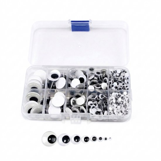 Une boîte en plastique à 10 compartiments, remplie de divers yeux. Sous la boîte, les plus grands yeux sont exposés avec du texte.