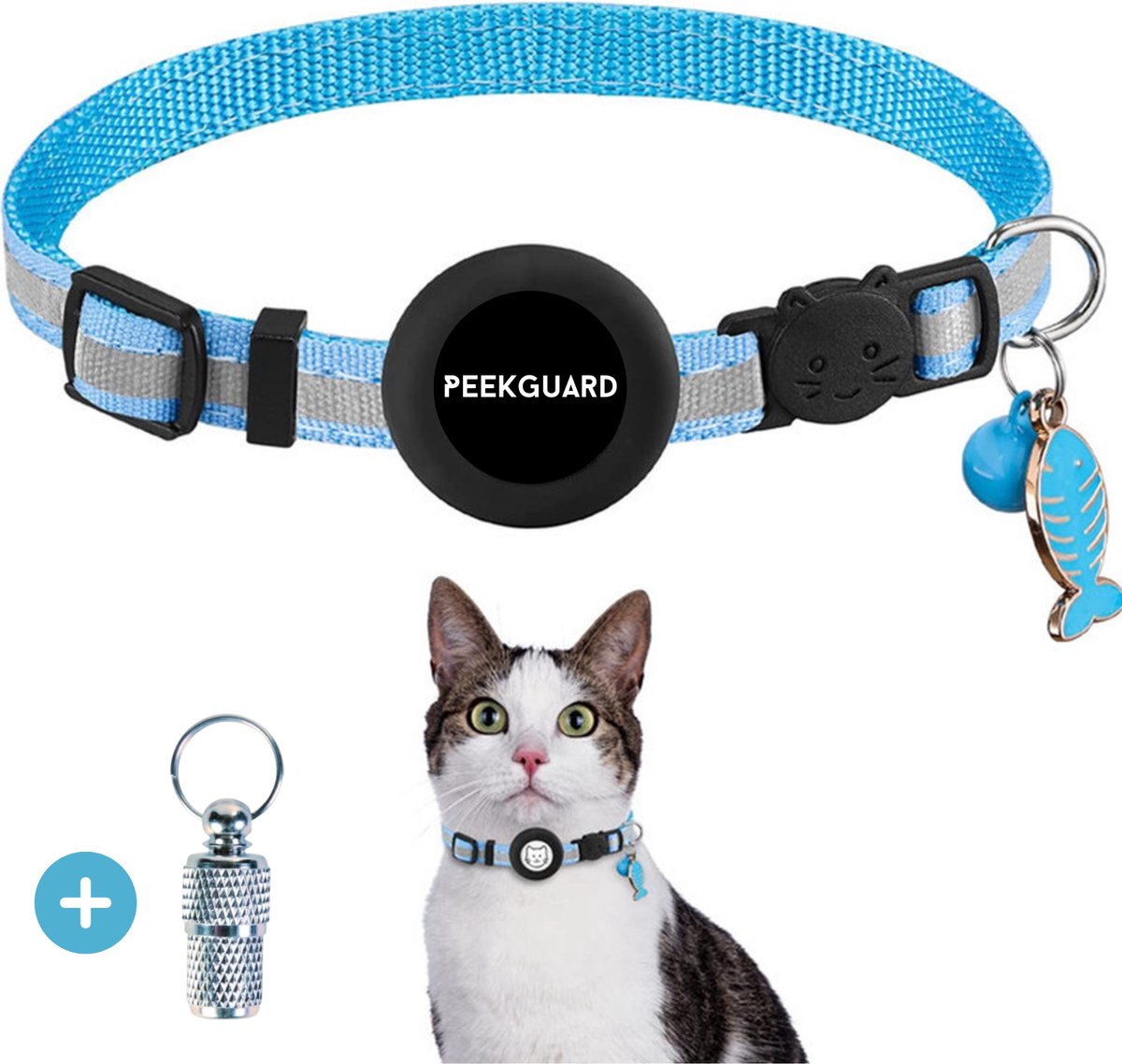 PEEKGUARD® Halsband voor katten - Kattenhalsband geschikt voor Apple AirTag - Kattenbandje Reflecterend en Comfortabel - Veiligheidssluiting en Waterbestendig - Halsband Kat Incl. Adreskoker - Hemel Blauw