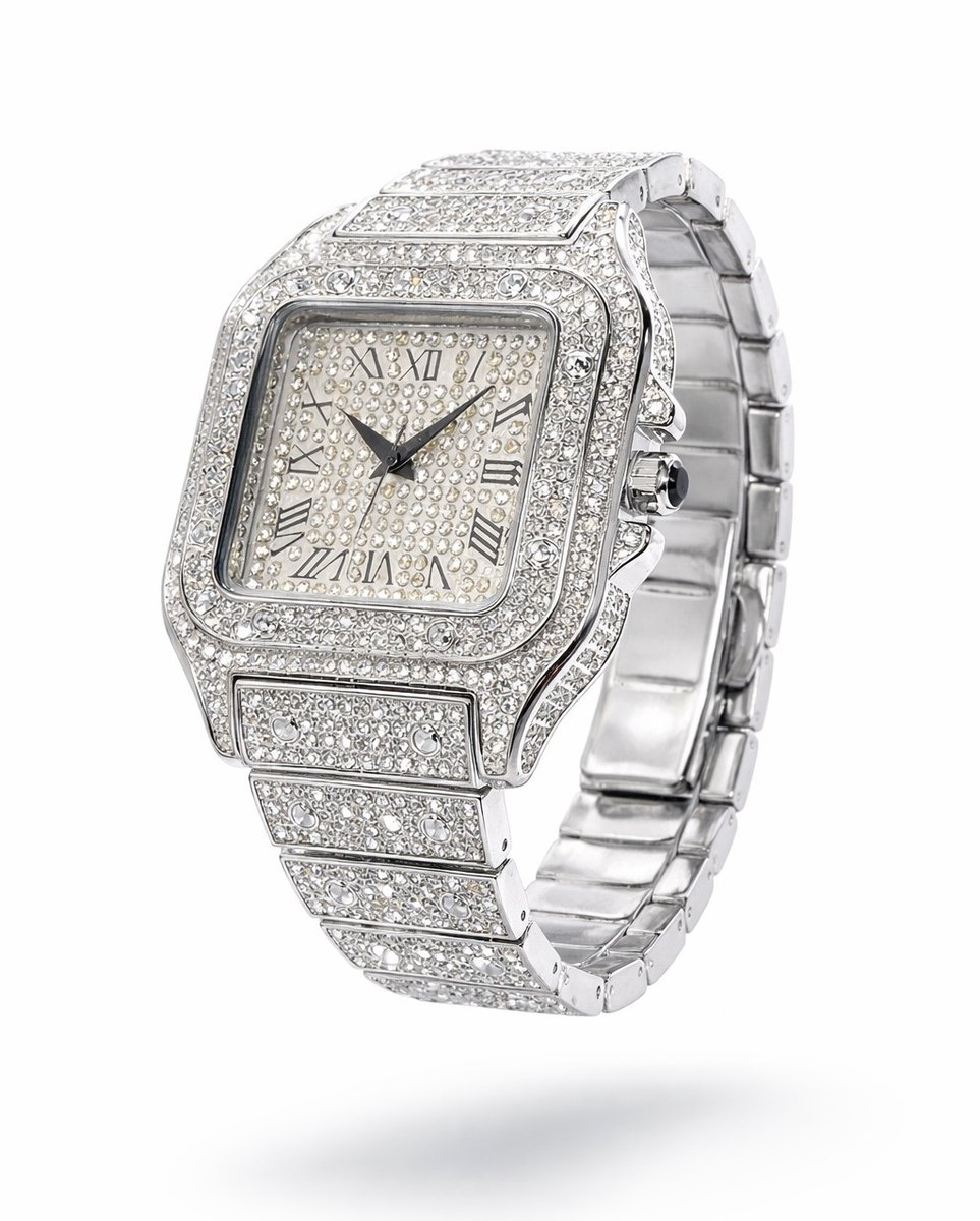 AVENIR25® - Diamant Horloge - BUST DOWN - Diamond Watch - Quartz - Met Steentjes - Zilverkleurig - Incl. Doosje en Horlogeband Verkleiner