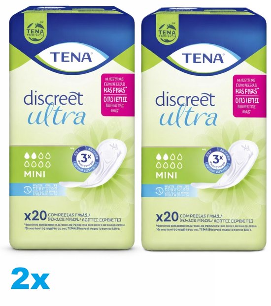 TENA Discreet Ultra Mini verpakking van 2 x 20 stuks. Witte verpakking met blauwe en groene accenten. Toont een incontinentiepad.