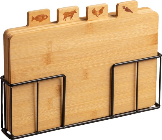 VALEVO - 4x Bamboe snijplanken met Houder - 28x17 CM- Geen BPA of PFAS Bamboe Snijplank - Snijplank Hout – Bamboe Snijplankenset met Houder - Houten snijplank