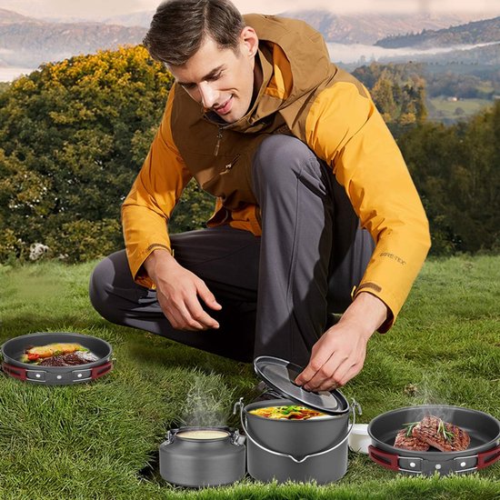 22-delige Camping Kookgerei Mess Kit – Grote Hangpot Pannen Ketel – Voor 4 Personen – Buitenkoken, Camping, Picknick — afbeelding 2