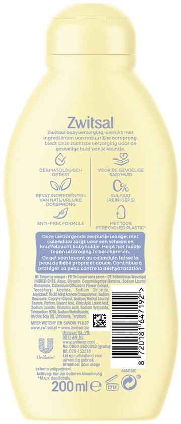 Zachte gele fles Zwitsal zeepvrije wasgel met gedetailleerde productinformatie en streepjescode.