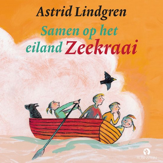 Een kinderboekcover met de titel "Samen op het eiland Zeekraai". Een roeiboot met vijf kinderen en een hond vaart op zee onder een vrolijke, wolkenlucht.