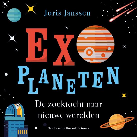 Boekcover met de titel 'Exoplaneten: De zoektocht naar nieuwe werelden'. Illustraties van planeten, een telescoop en sterren.