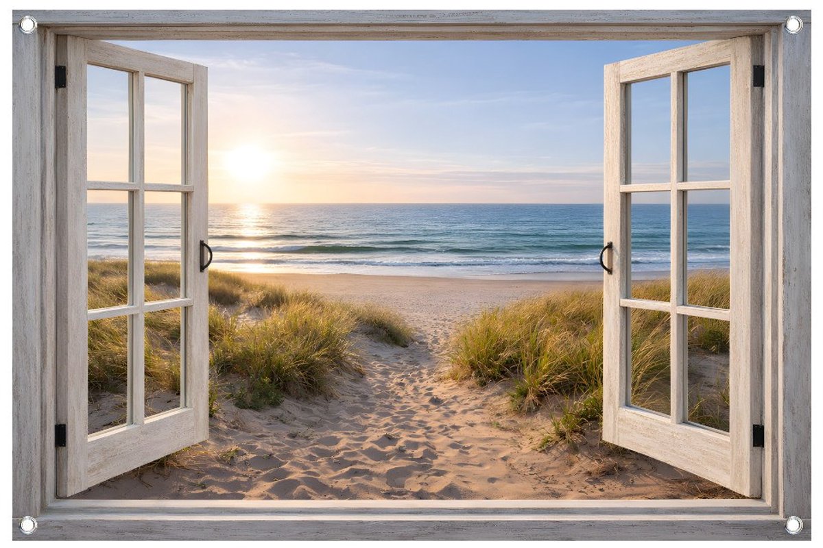 Tuinposter Strandzicht met Open Raam – Duinen en Zee – 90x60 cm – Schutting Decoratie