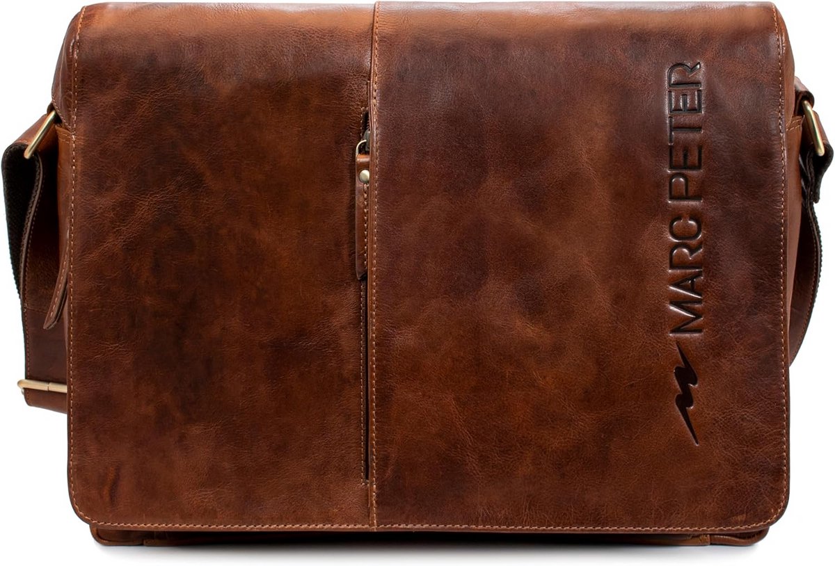 Leren schoudertas voor heren en dames - 15,6 inch laptoptas van echt buffelleer