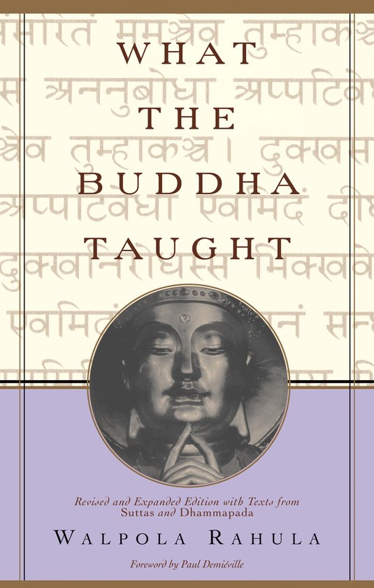Boek kaft met de titel 'What the Buddha Taught'. In het midden een afbeelding van een Boeddha.