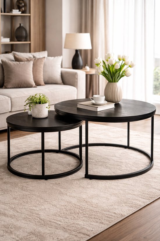 Ensemble de tables basses CASAMODA – ø 58/ 75 cm – Hauteur 36/45 cm – Table d’appoint ronde – Table basse industrielle – Table en bois – Set de 2 – Zwart