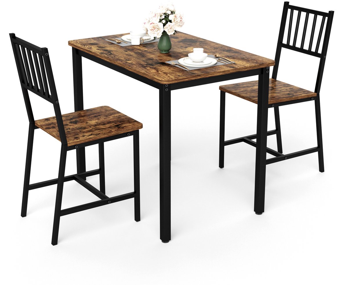 PHOEBE CAT Set tafel en stoelen - Eettafel - 2 stoelen - Houtnerf - Industriële stijl - Bruin + Zwart