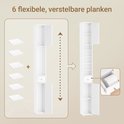 Schematische weergave van een witte smalle badkamerkast met 6 flexibele, verstelbare planken en een lade.