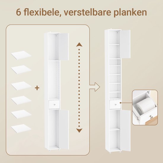 Schematische weergave van een witte smalle badkamerkast met 6 flexibele, verstelbare planken en een lade.