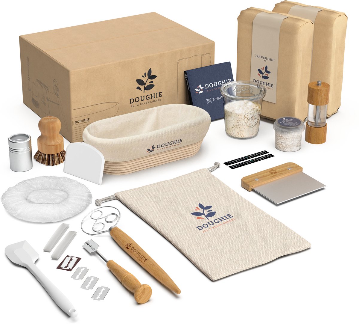 Doughie Zuurdesem Starter Set Deluxe - Met Ovale Rijsmand 25 CM - Alle Bakbenodigdheden - Actieve Zuurdesem Starter - 1kg Tarwebloem - 1kg Roggebloem - Keltisch Zeezout en Molen