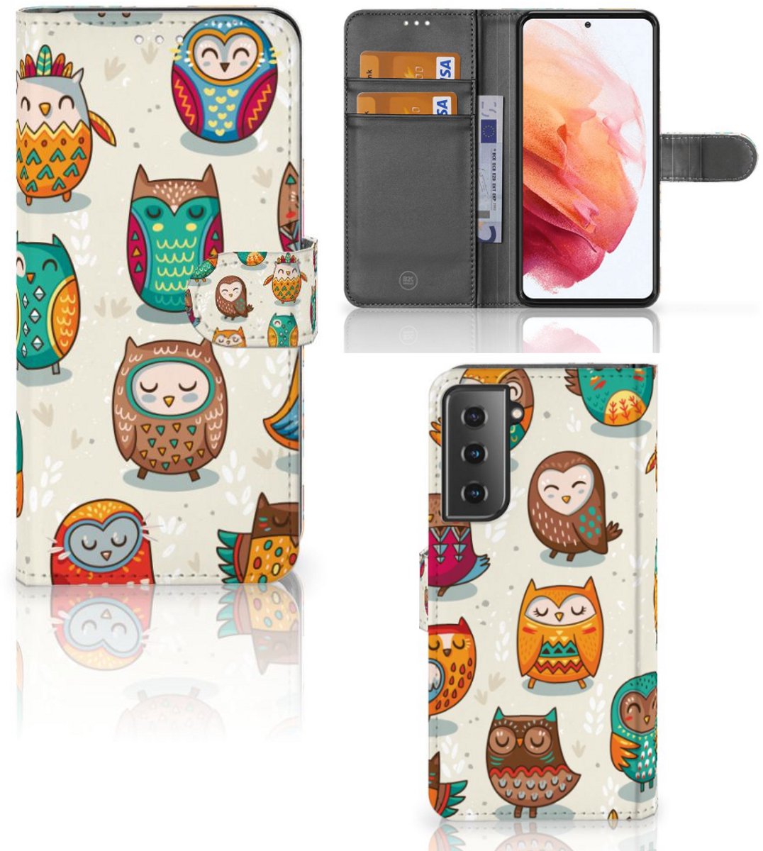 Book Case voor Samsung Galaxy S21 Telefoonhoesje met Pasjes Vrolijke Uilen