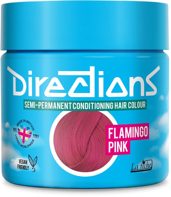 Een pot Directions Semi-Permanent Conditioning Hair Colour in Flamingo Pink met een lok roze haar erop.