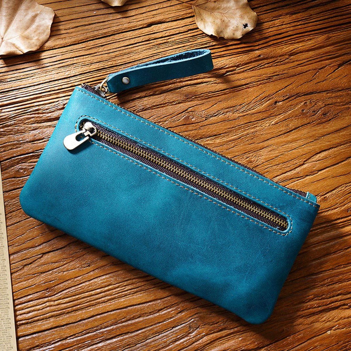 Grote Leren Pennenzak van Top-Grain Rundleer met Rits en Sleutelring - Voor 20+ Pennen - Blauw
