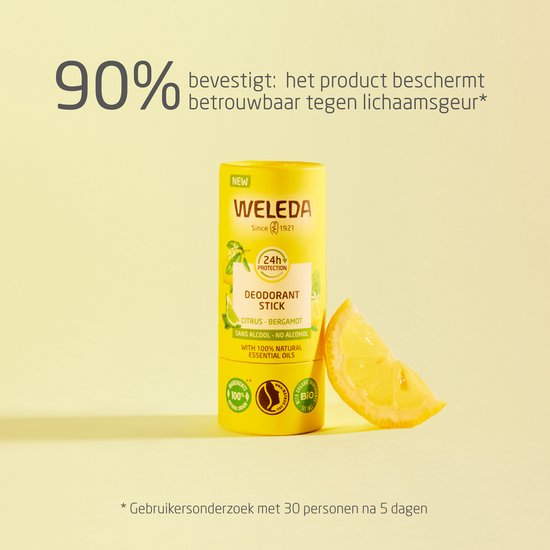Gele deodorantstick met citrus en bergamot, met een schijfje citroen ernaast. Tekst: "NEW WELEDA 24h PROTECTION DEODORANT STICK CITRUS - BERGAMOT".
