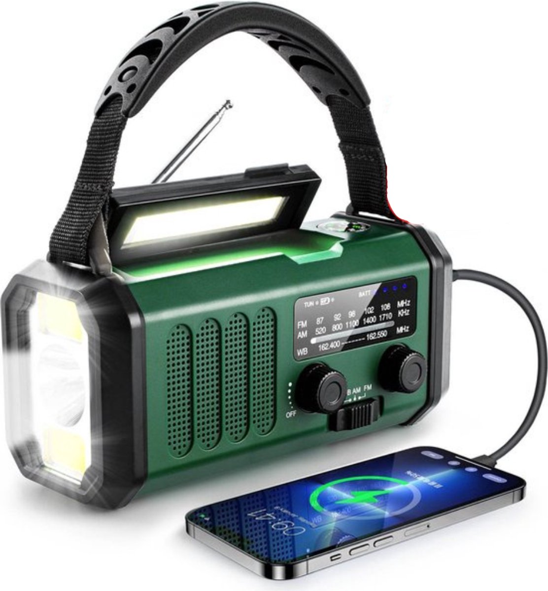Noodradio met Digitale Nederlandse Handleiding NL/BE - Met zenderoverzicht NL/BE - Solar Powerbank - Opwindbaar - 10.000 mAh - Noodalarm - Draagbare Radio op accu - Zaklamp - Survival Noodpakket - Groen - Legergroen