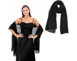 Shengxi Zachte chiffon sjaal voor dames, elegant, glanzend, voor bruiloft, feest, ceremonie, avondevenementen, Zwart, L