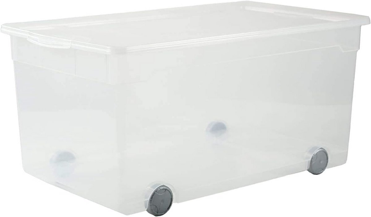 Grote Transparante Opbergbox 63L met Deksel en Wielen