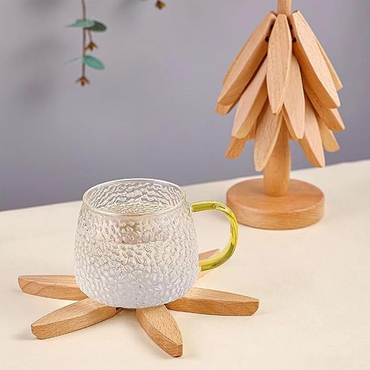 Houten Onderzetters in De Vorm Van Een Boom - Opvouwbare Houten Onderzetter - Set van 4 Houten Onderzetters en 1 Houder - voor Pannen, Koekenpannen en Warme Kommen — cadeau in Koken & Dineren - foto 4