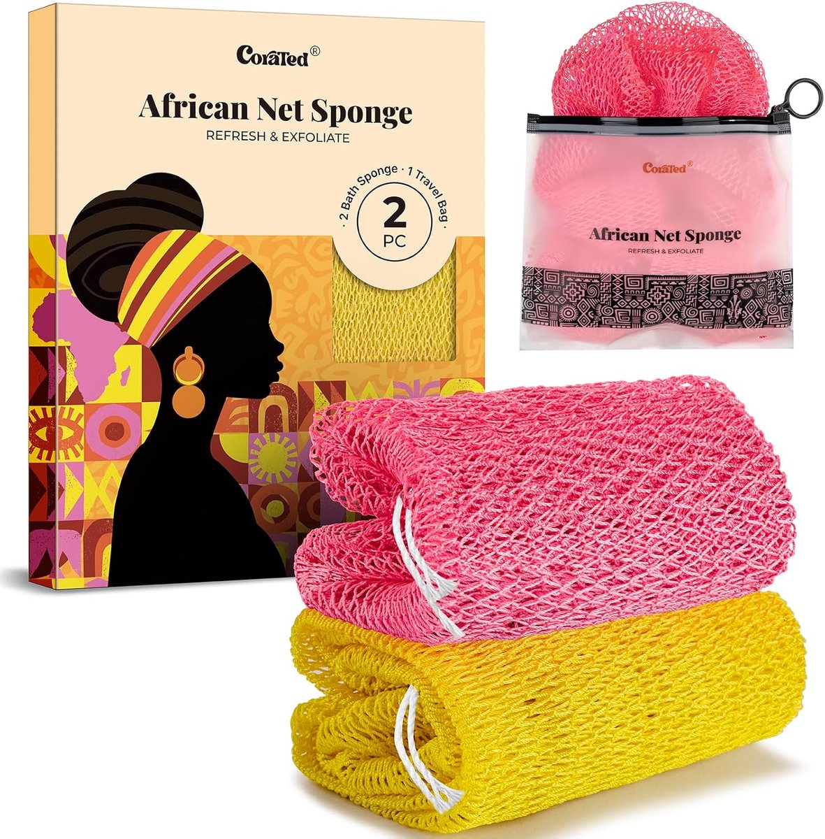 Badspons en Achter Scrubber voor Douche - Roze & Geel