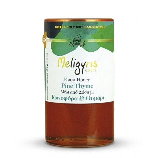 Pot de miel de pin Meligyris avec étiquette. Vert avec des feuilles blanches et bleues, une icône de ruche. Texte : Forest Honey, Pine Thyme. 450g.