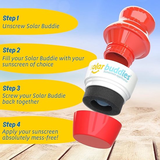 Instructies voor het gebruik van de Solar Buddies zonnebrandapplicator: schroef open, vul, schroef dicht, breng aan. De applicator is rood met wit.