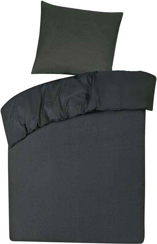 Dekbedovertrek met ritssluiting - 100% katoen - 2-delig 140x200 + 1 stuk kussensloop 80x80 - antraciet