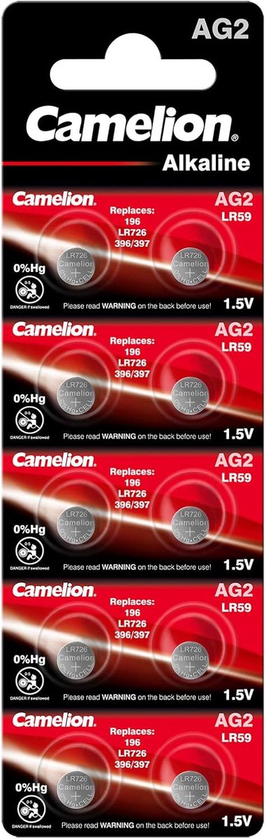 Alkaline knoopcelbatterij AG2/LR59/LR726/396 - Set van 10 met 1,5 volt