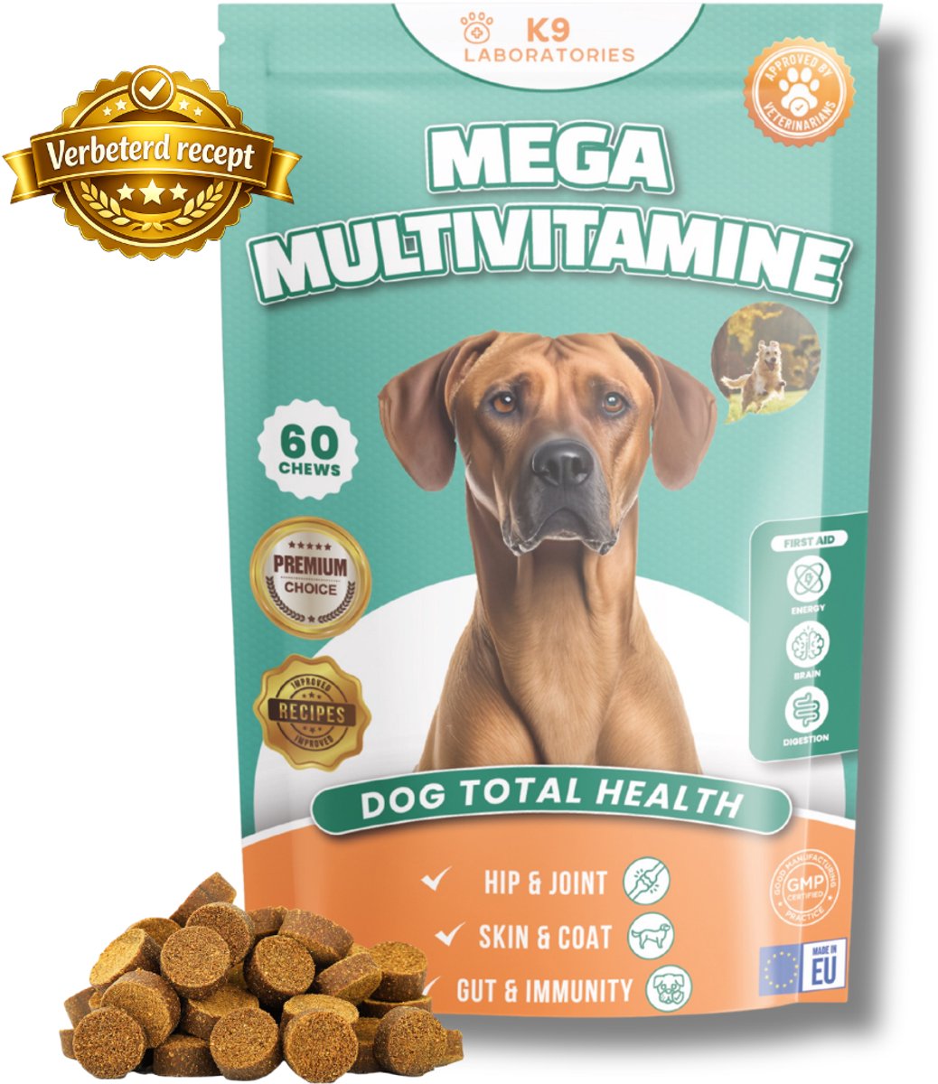 K9 Laboratories Multivitamine Hond - Supplement Hond - Hondensnoepjes - Gezonde Hondensnacks - 60 stuks - 10 in 1 Vitamine - Weerstand Hond - Ondersteunt het Immuunsysteem - Senior