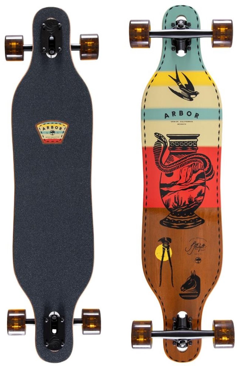 Arbor Drop Through Longboard Jess Mudgett Axis 37 Allround Cruiser met Drop-Through Deck Smooth Carve Setup en Premium Artwork Veelkleurig