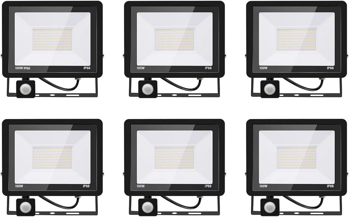 6 Stuks LED Buitenlamp met Bewegingsmelder 100W 10000LM IP66 Schijnwerper Koud Wit