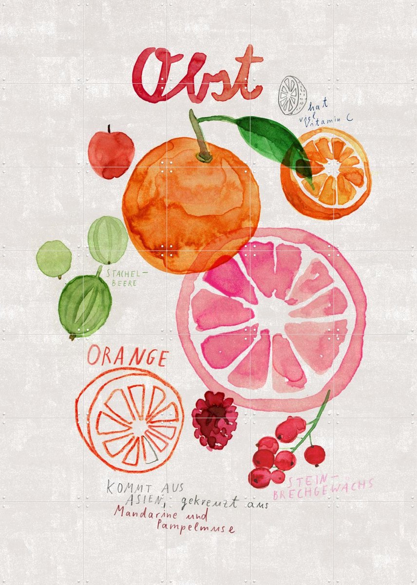 IXXI Obst, Signorinah - 100 x 140 cm - Gratis ophangtool - Grote wanddecoratie en posters - Aquarel, Speels, Illustraties, Kleurrijk, Eetkamer