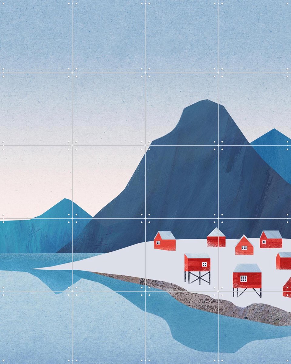 IXXI Red Houses - Lofoten, Henry Rivers - 80 x 100 cm - Gratis ophangtool - Grote wanddecoratie en posters - Geometrische Kunst, Minimalisme