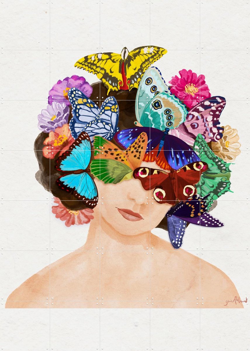 IXXI Butterfly Head, Goed Blauw - 100 x 140 cm - Gratis ophangtool - Grote wanddecoratie en posters - Illustraties, Kleurrijk, Aquarel, Speels