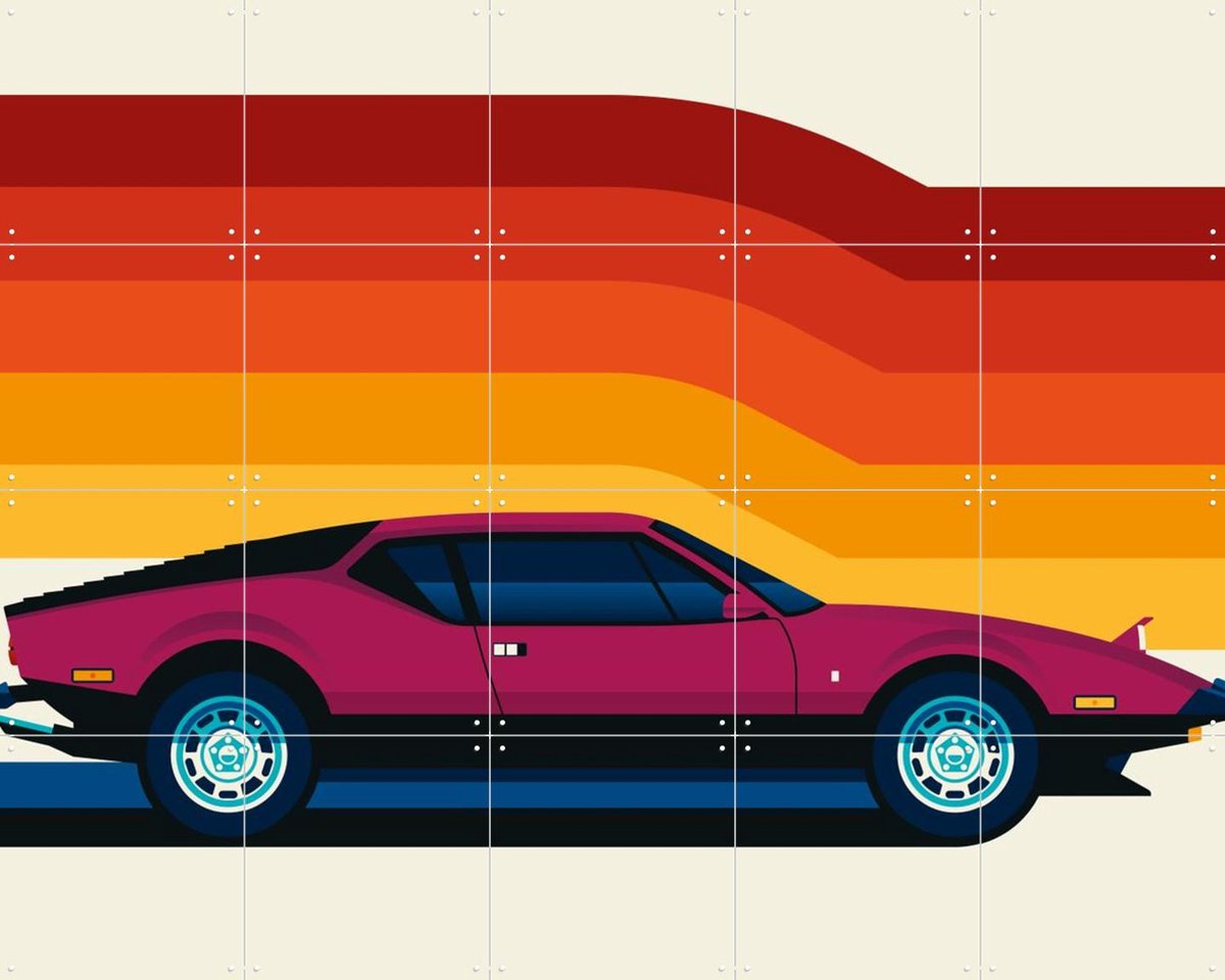 IXXI Maroon Sports Car Side, Bo Lundberg - 100 x 80 cm - Gratis ophangtool - Grote wanddecoratie en posters - Kleurrijk, Retro, Grafisch Ontwerp