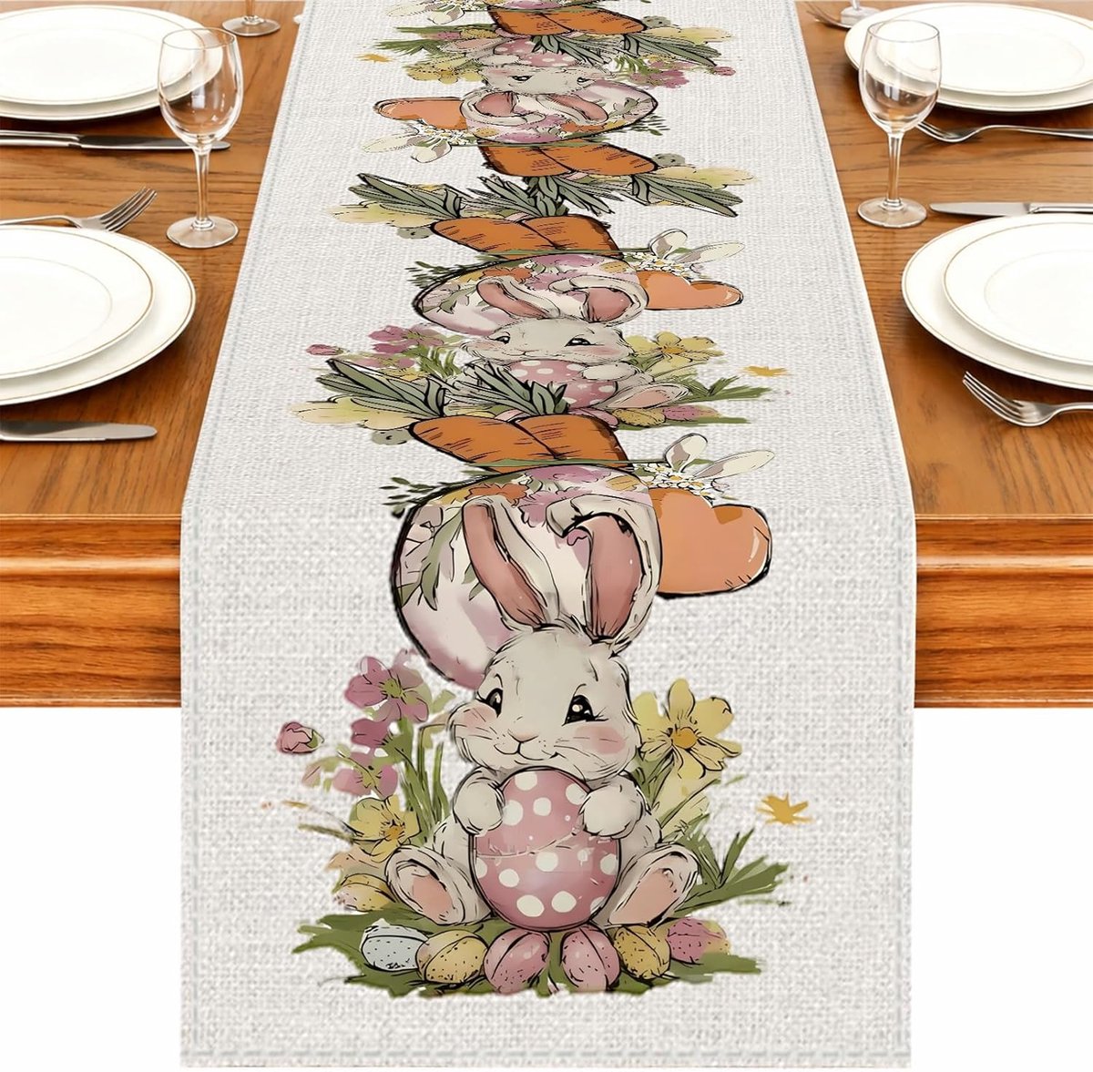 Paastafelkleed met schattige konijntjes, bloemen en paaseieren, 183x33 cm, duurzame linnen stof, voor 4-6 personen, perfect voor Pasen