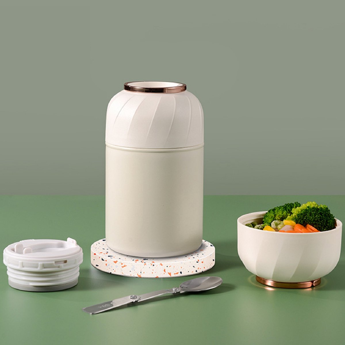 CHIWIN Thermosfles & Lunchpot - 850ml RVS Soepbeker To Go met Vouwlepel & Handvat - Yoghurt en Muesli Beker - Multifunctionele Vacuüm Thermosbeker - Lunchpot Isoleer voor Warme en Koude - Makkelijk Schoon te Maken