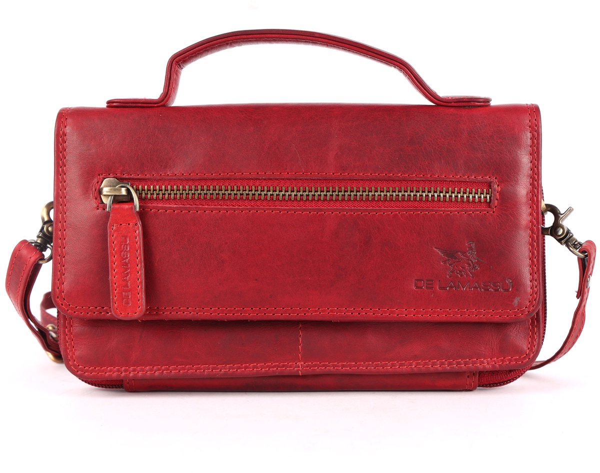 DE LAMASSU® (Marina) ROOD dames crossbodytas van echt leer – portemonnee met RFID-bescherming, 14 kaartvakken, telefoonvak, schouderriem, geschenkverpakking – 21 × 12 cm