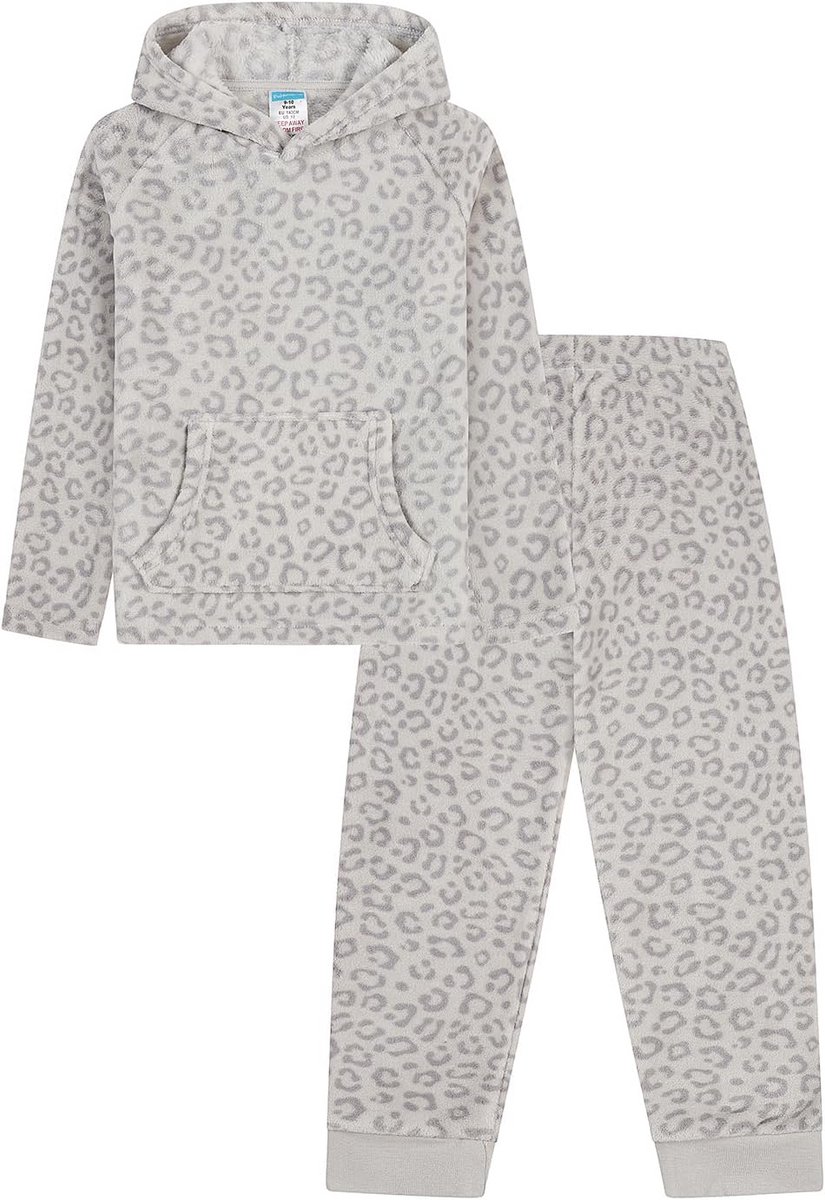 Dames Pyjama Set Fleece Luipaardprint Grijs Lange Mouwen en Lange Broek