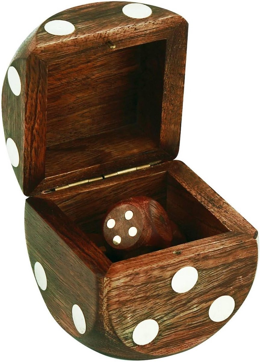 Houten dobbelstenen set met 6 blokjes en decoratieve opbergdoos