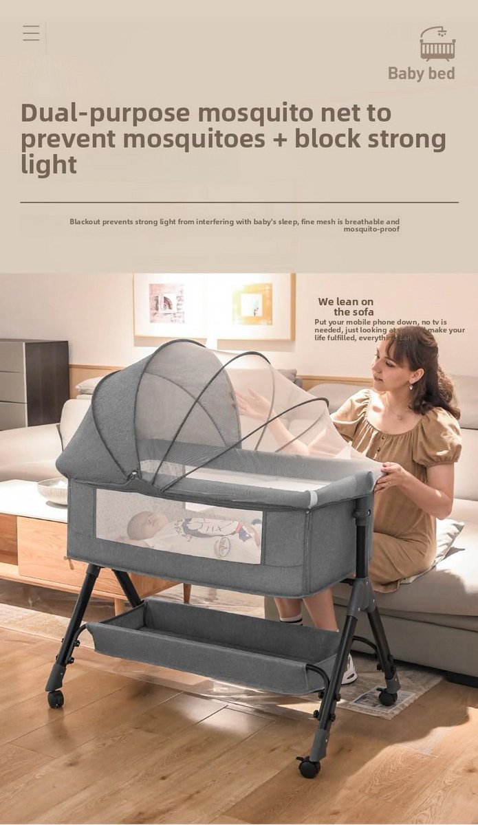 Opvouwbare Co-Sleeper Wieg met Verstelbare Hoogte en Schuine Stand thumbnail 4