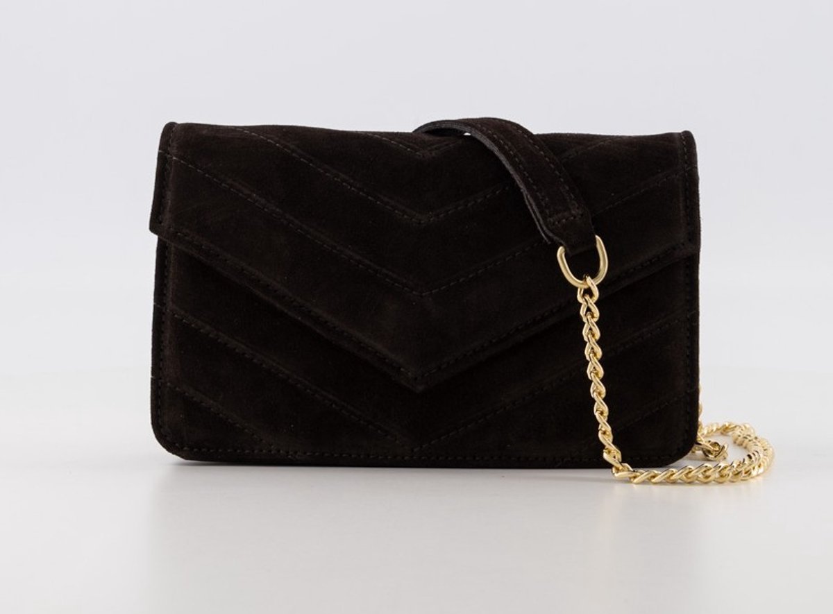Klein suede leren crossbody / schoudertasje met gouden details, donkerbruin - Laurie