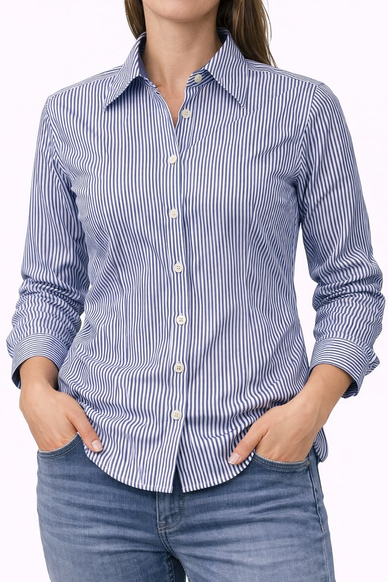 Overhemd dames Harvest Red Bow 22 – navy/wit gestreept – maat M (38) – getailleerde pasvorm – zakelijke blouse